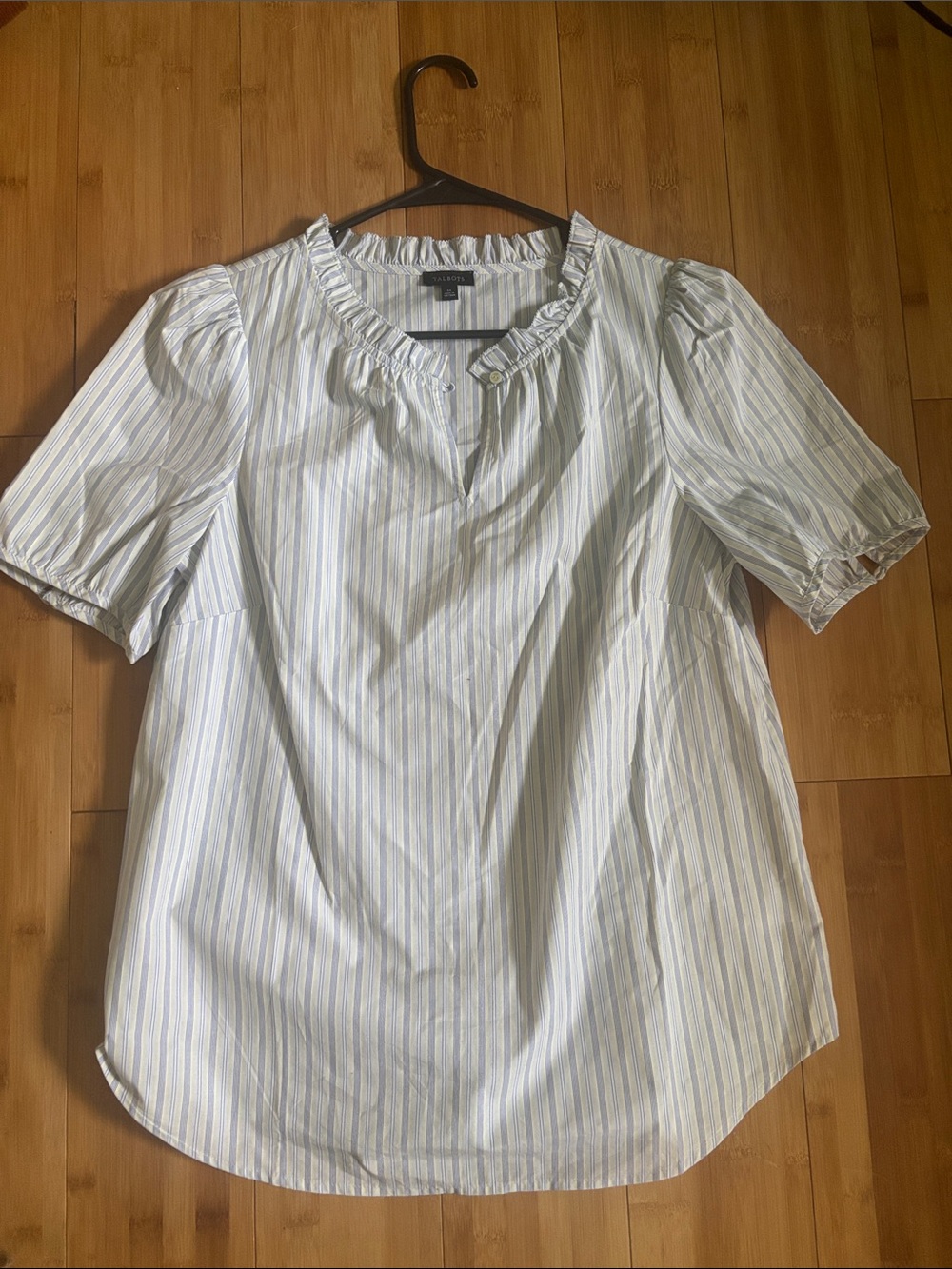 Talbots White Shirt with Light Blue Stripes - Short Sleeve Ruffle Neck